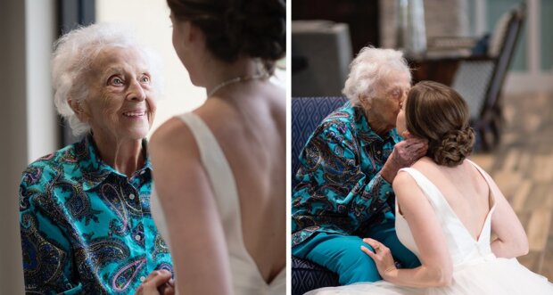 Nevěsta tajně přiletěla na návštěvu ke své babičce ve svatebních šatech a pořídila několik fotografií