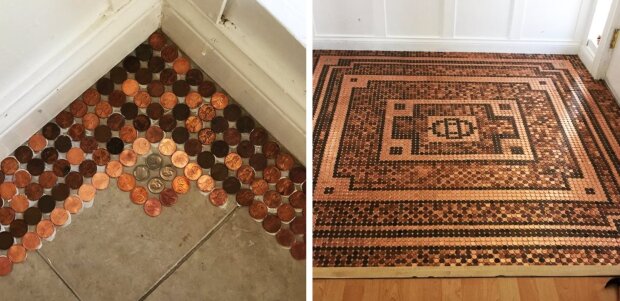Žena sestavila mozaikovou podlahu ze sedmi tisíc pět set mincí