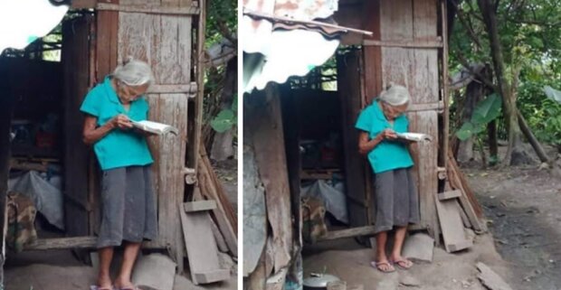 Pravá víra: žena, která nemá elektřinu, jde ven a čte Bibli za denního světla