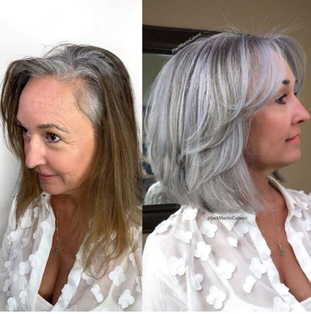 Profesionální mistr ukázal na příkladu, že šedé vlasy by měla být namalována ne všem
